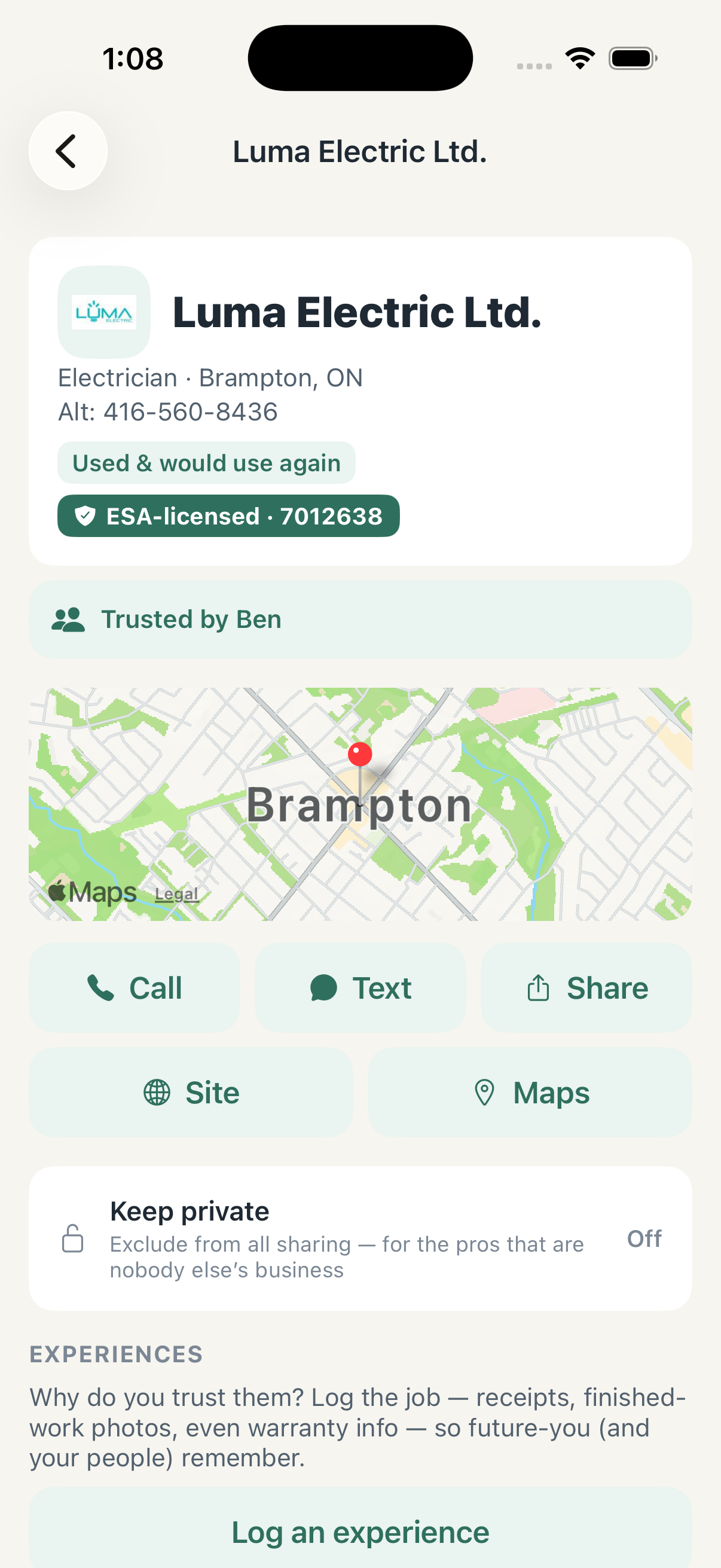 Pro detail with map, licence badge, and one-tap call